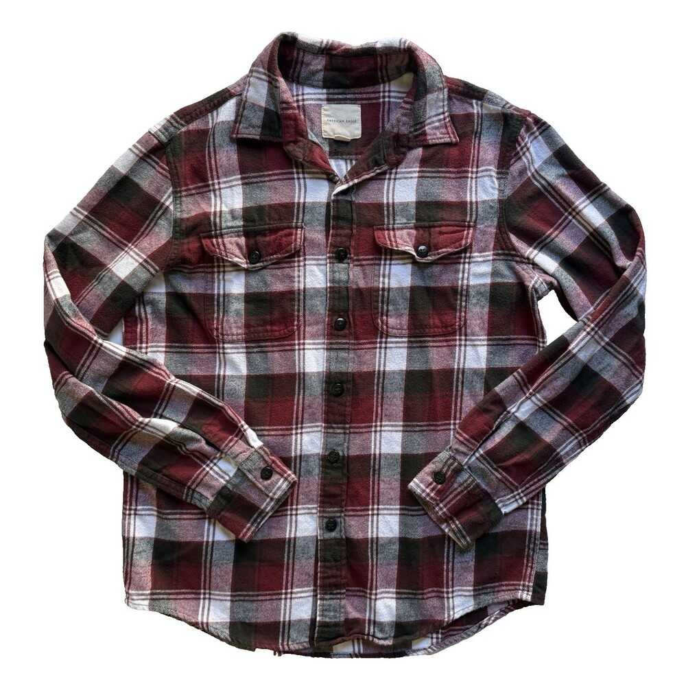 American Eagle Shirt Men Medium Maroon Burgundy Plaid Flannel Long Sleeve Casual